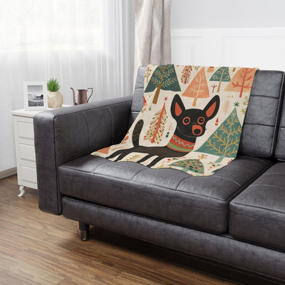 FUNSTUFFPRINT Scandinavian Pup Minky Blanket, Plush fleece Soft Blanket with a Festive Print, Scandinavian Holiday Decor, Festive Couch Throw with Dog