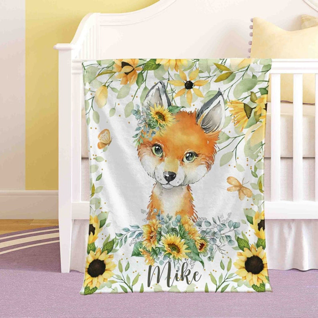 FUNSTUFFPRINT Custom  Sunflower Fox Nursery Blanket, Personalized Baby Foxy Blanket, Woodland Animal Baby Blanket Kids Custom Name Blanket Floral Baby Shower Gift