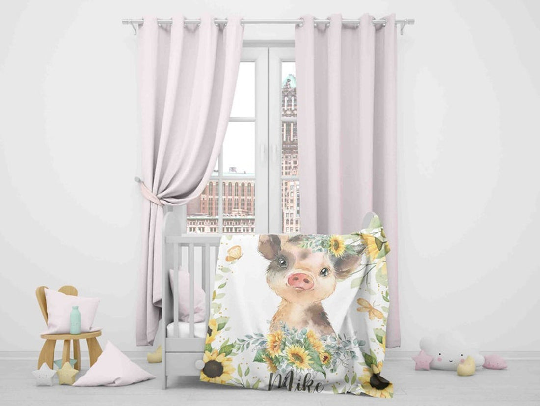 FUNSTUFFPRINT Custom  Sunflower Pig Nursery Blanket, Personalized Baby Piggy Blanket, Farm Animal Baby Blanket, Kids Custom Name Blanket, Floral Baby Shower Gift