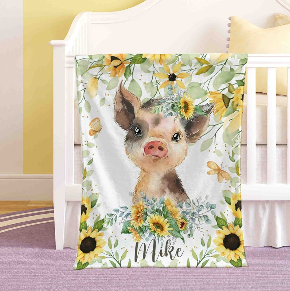 FUNSTUFFPRINT Custom  Sunflower Pig Nursery Blanket, Personalized Baby Piggy Blanket, Farm Animal Baby Blanket, Kids Custom Name Blanket, Floral Baby Shower Gift