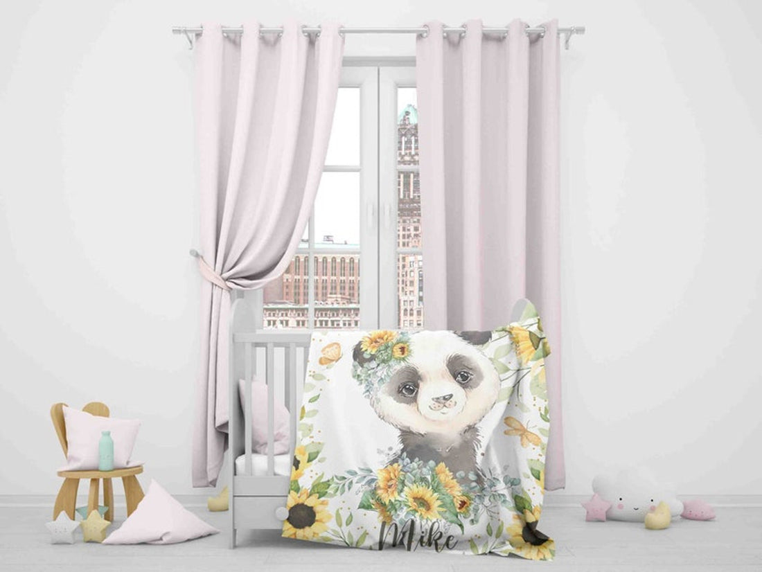 FUNSTUFFPRINT Custom  Panda Sunflower Nursery Blanket, Personalized Baby Panda Blanket, Forest Baby Blanket, Kids Custom Name Blanket, Floral Baby Shower Gift