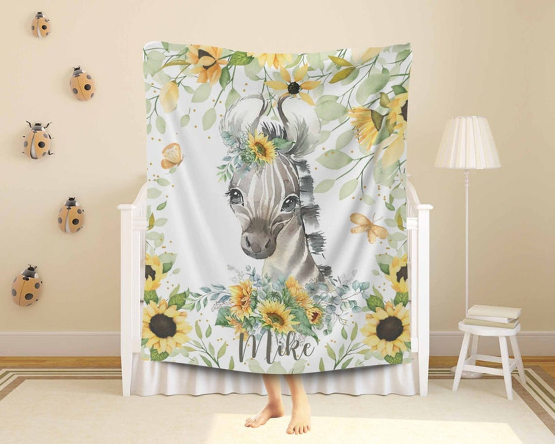 FUNSTUFFPRINT Custom  Zebra Sunflower Nursery Blanket, Personalized Baby Animal Blanket, Safari Baby Blanket, Kids Custom Name Blanket, Floral Baby Shower Gift