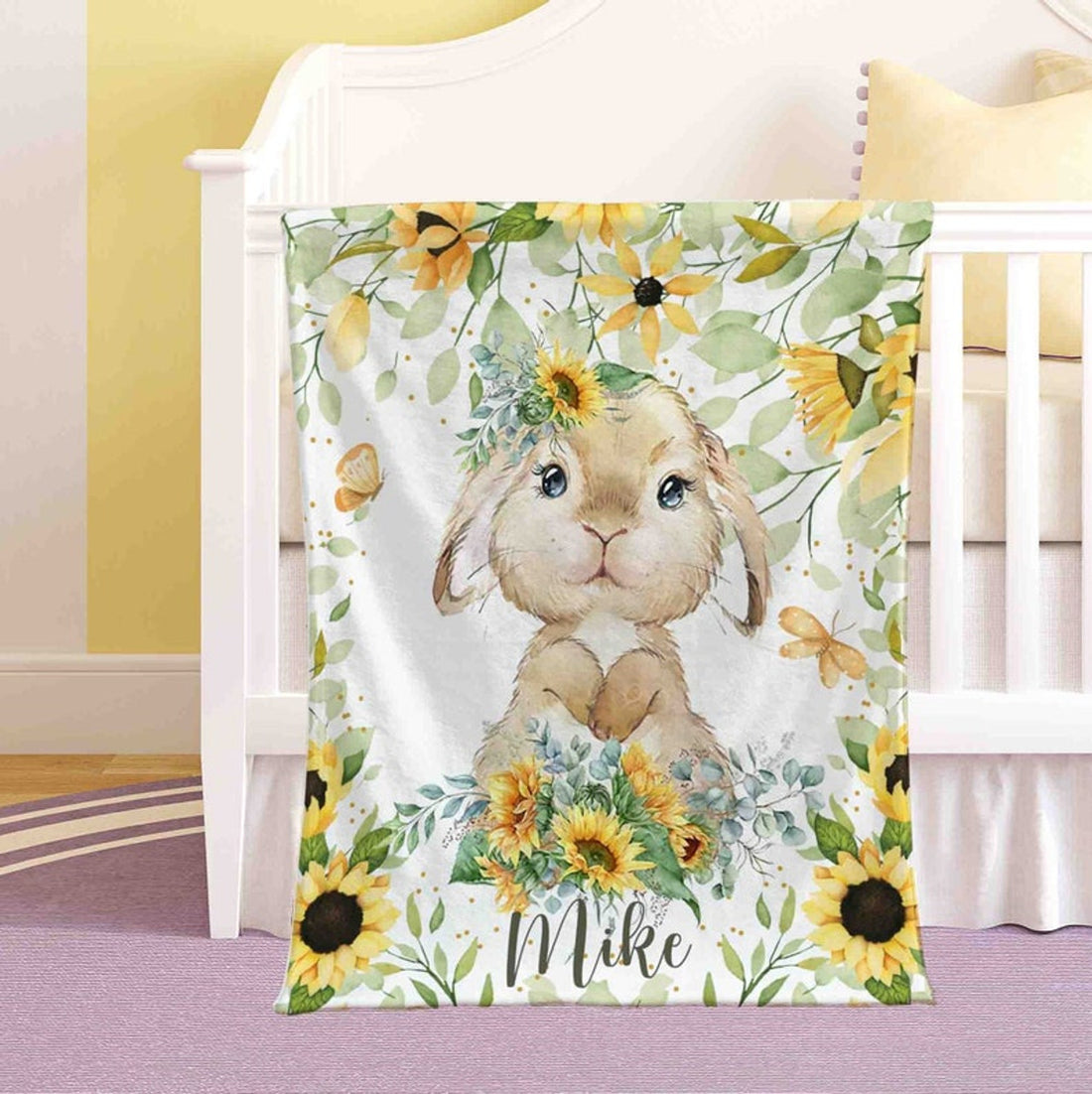 FUNSTUFFPRINT Custom  Bunny Sunflower Nursery Blanket, Personalized Baby Animal Blanket, Baby Rabbit Blanket, Kids Custom Name Blanket, Floral Baby Shower Gift