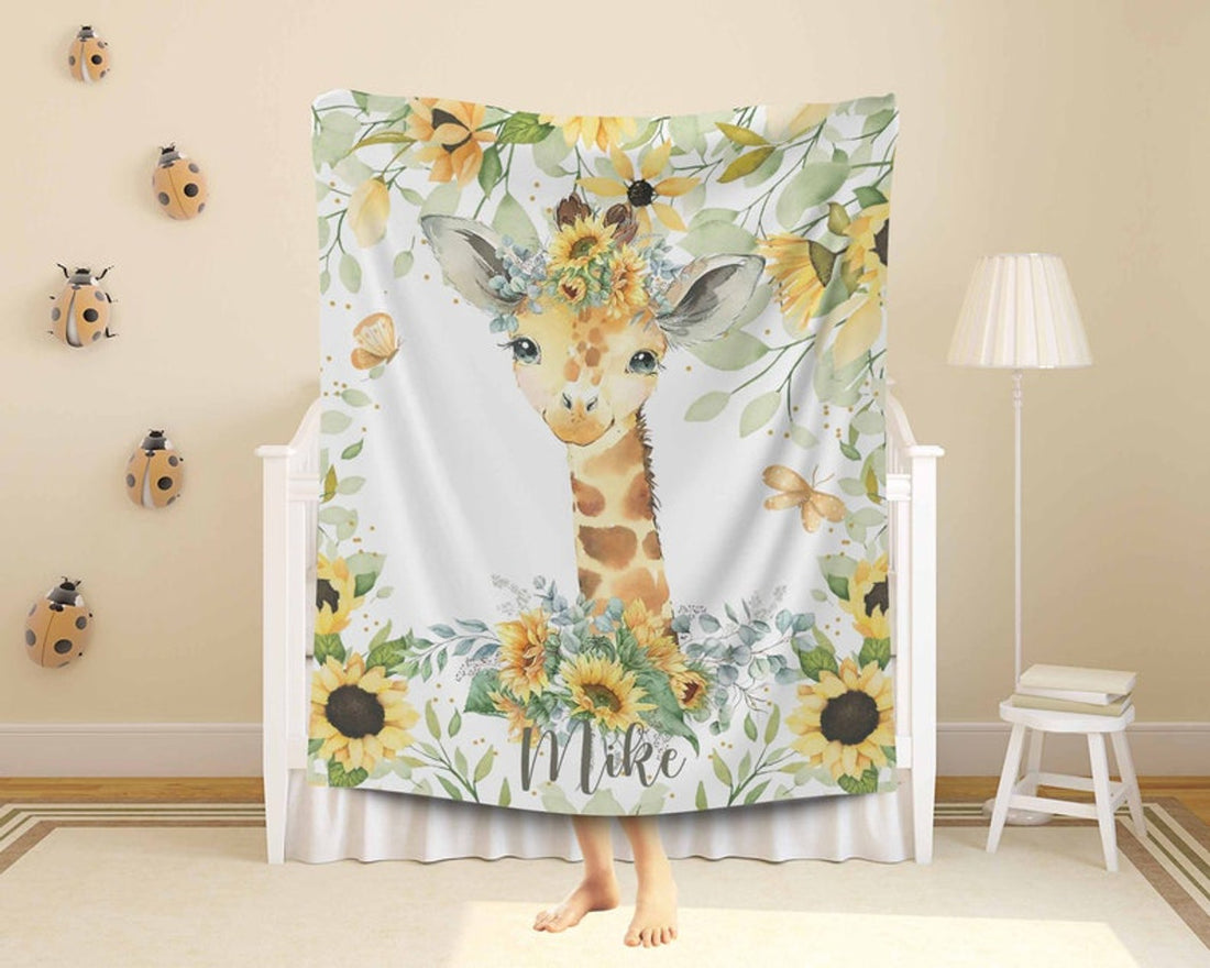 FUNSTUFFPRINT Custom  Sunflower Giraffe Nursery Blanket, Personalized Baby Animal Blanket, Safari Baby Blanket, Kids Custom Name Blanket, Floral Baby Shower Gift
