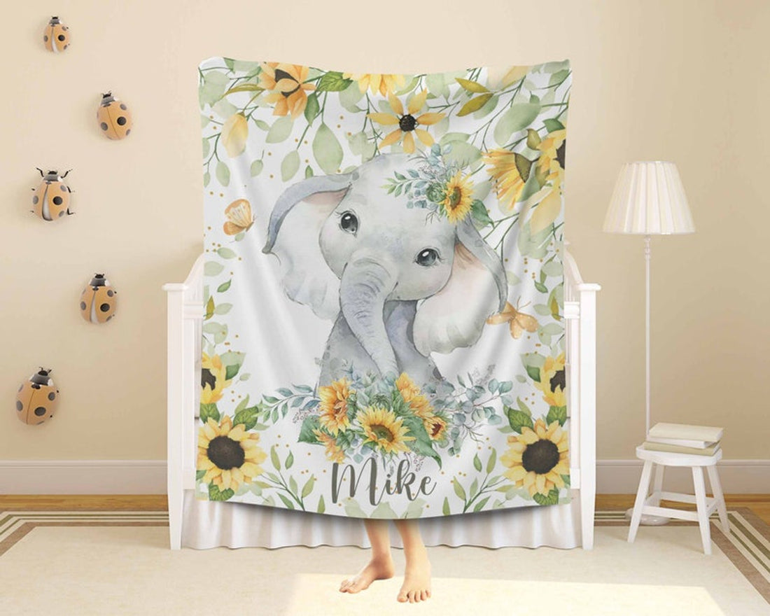 FUNSTUFFPRINT Custom  Sunflower Elephant Nursery Blanket, Personalized Baby Animal Blanket, Safari Baby Blanket, Kids Custom Name Blanket, Floral Baby Shower Gift