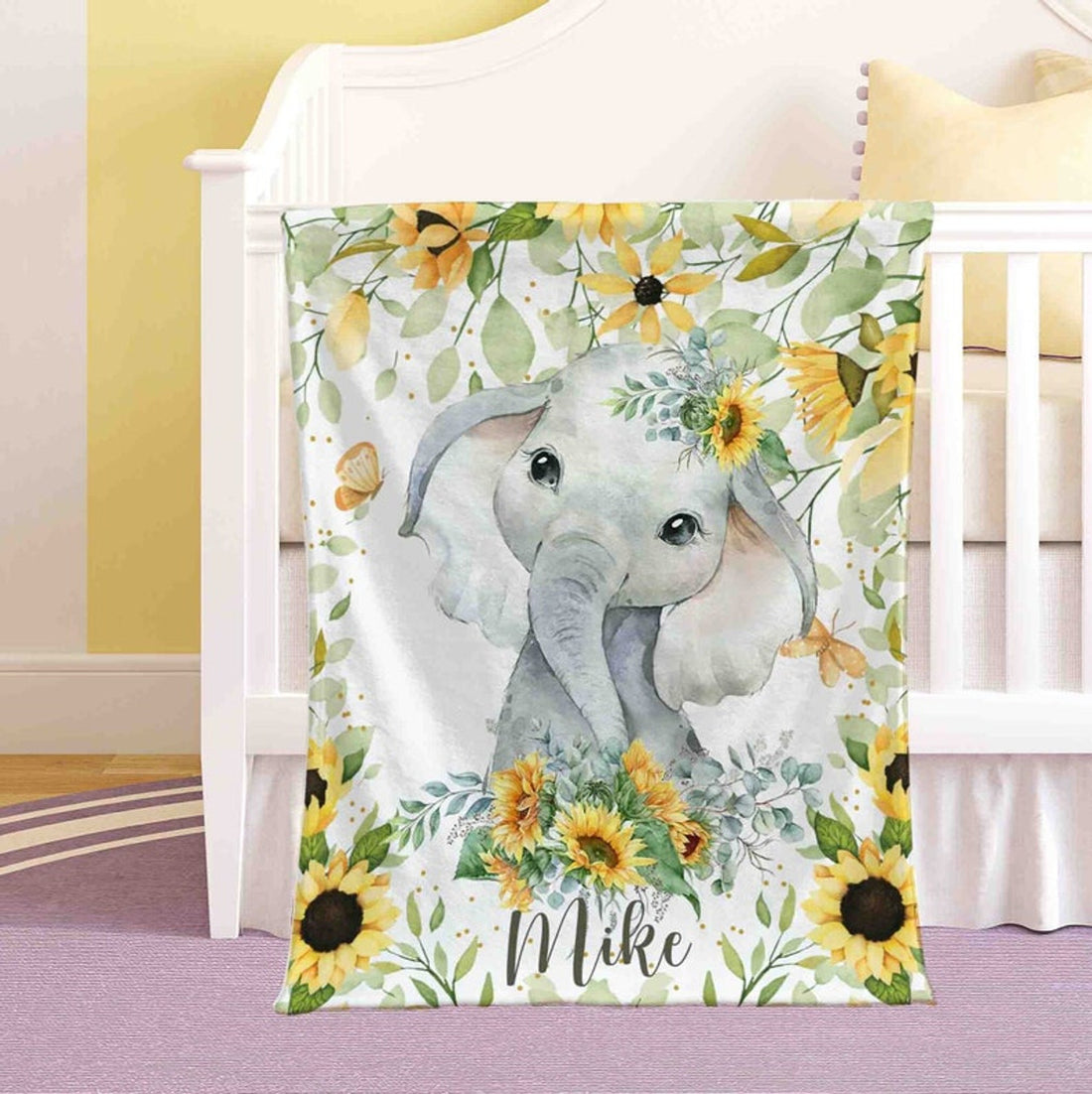 FUNSTUFFPRINT Custom  Sunflower Elephant Nursery Blanket, Personalized Baby Animal Blanket, Safari Baby Blanket, Kids Custom Name Blanket, Floral Baby Shower Gift