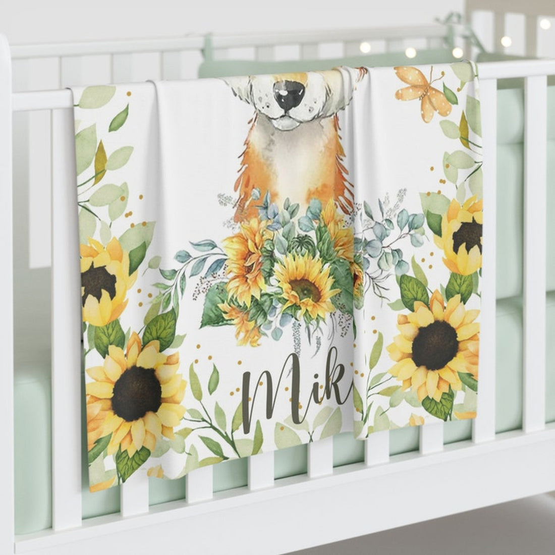 FUNSTUFFPRINT Custom  Sunflower Fox Nursery Blanket, Personalized Baby Foxy Blanket, Woodland Animal Baby Blanket Kids Custom Name Blanket Floral Baby Shower Gift