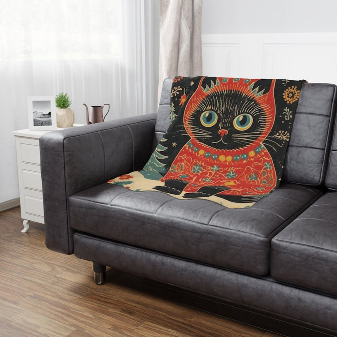 FUNSTUFFPRINT Scandinavian Print Black Cat Christmas Minky Blanket, Christmas Blanket for Cat Owners, Cat Lovers Holiday Blanket, Family Holiday Gifts