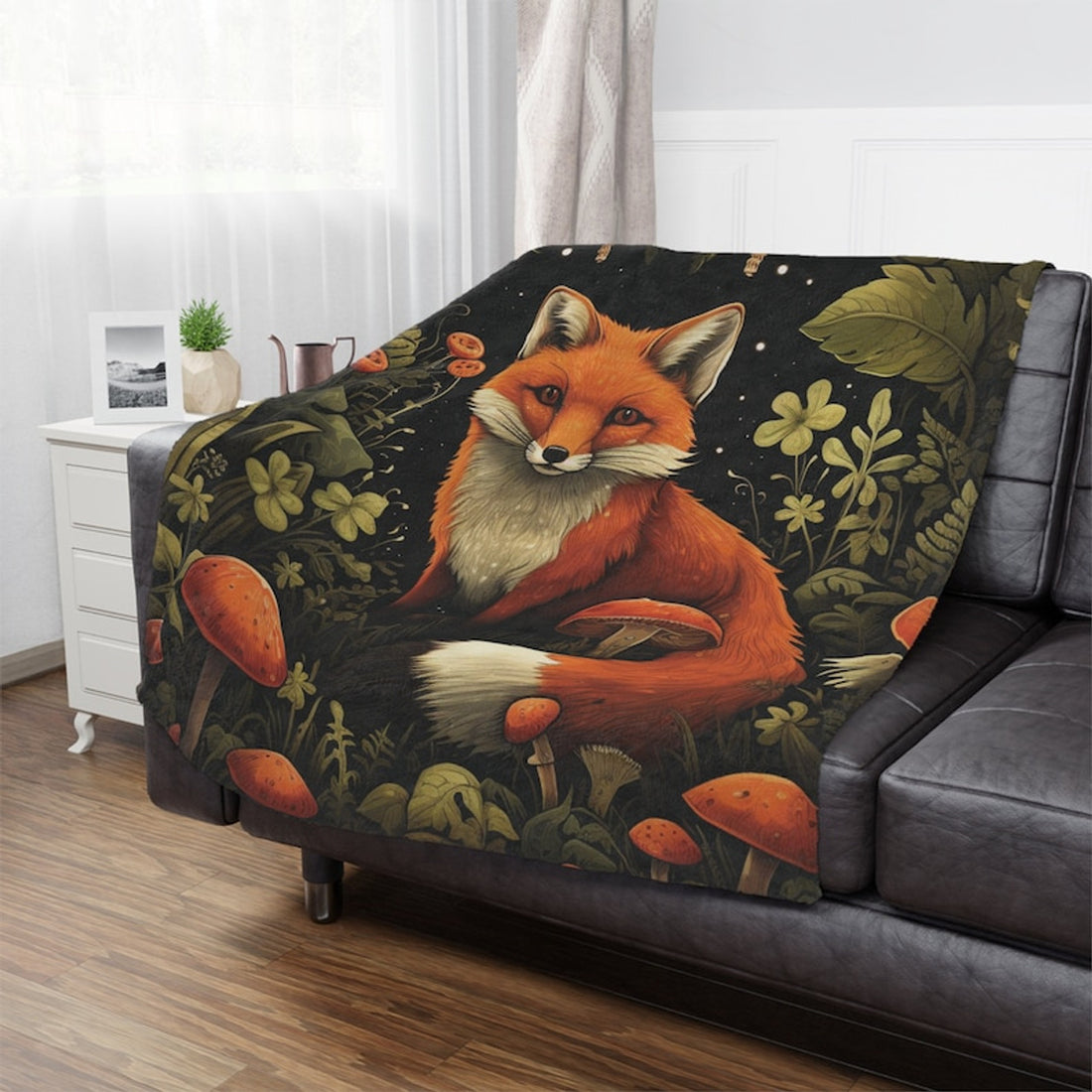 FUNSTUFFPRINT Mr. Sly Fox Soft Fleece Throw, Goblincore Home Decor, Forestcore, Cottagecore Decor, Dark Academia Home Decor, Moody Throw Blanket