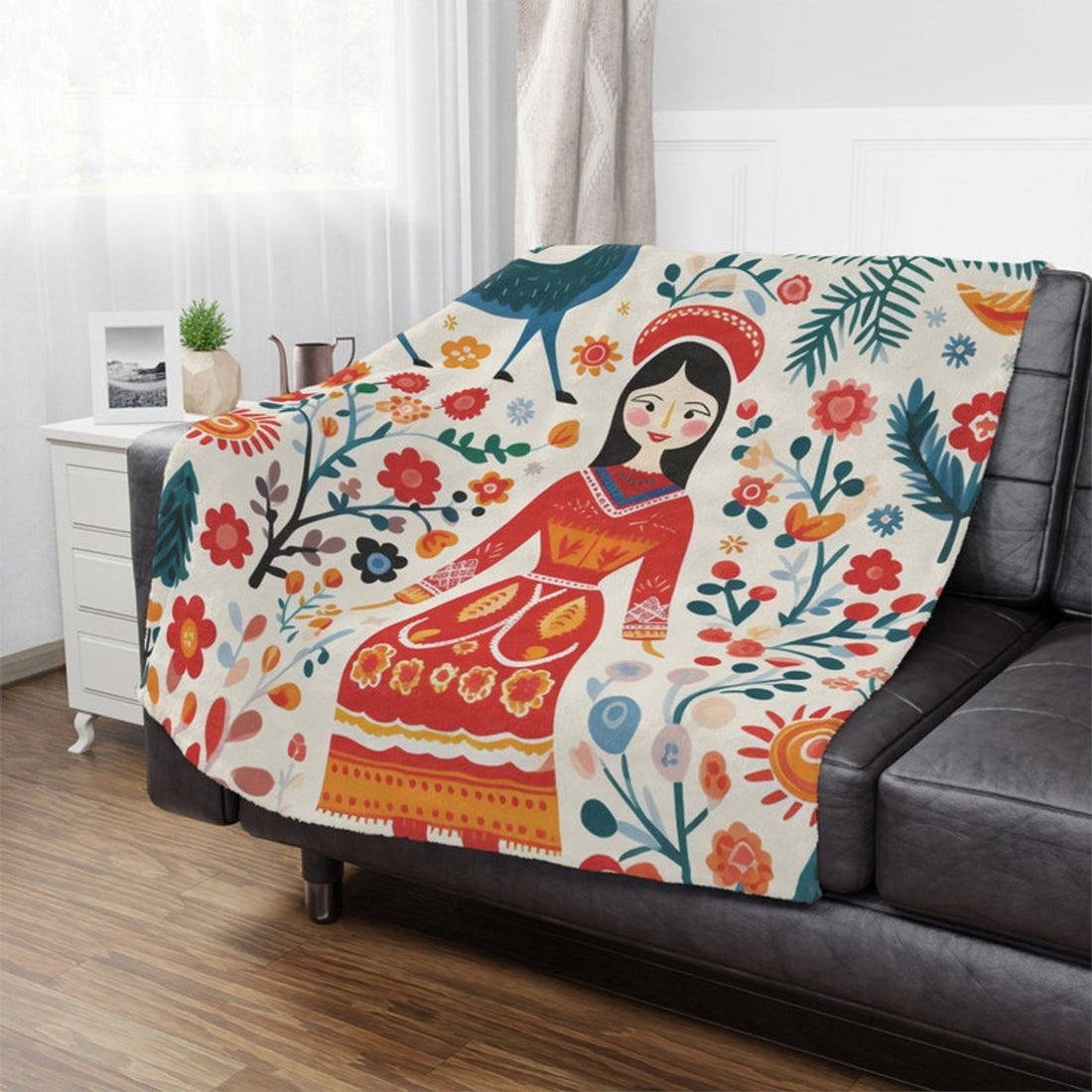 FUNSTUFFPRINT Scandinavian Holiday Minky Blanket, Christmas Blanket with a Nordic Folk Print, Family Holiday Blanket, Nordic Christmas, Scandi Home Decor