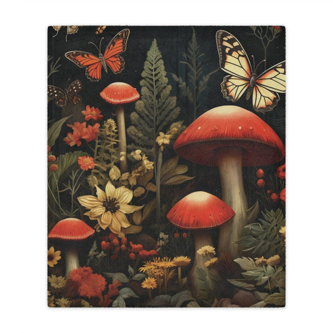 FUNSTUFFPRINT Moody Mushroom Minky Blanket, Goblincore Mushroom Blanket, Cottagecore Gifts, Soft Plush Blanket for Mushroom Lovers, Dark Forest Scene