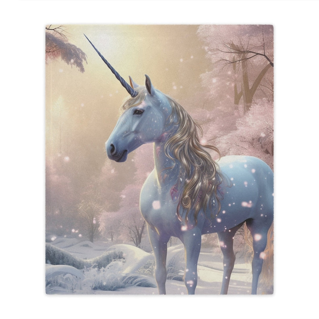 FUNSTUFFPRINT Magical Unicorn in the Snowy Forest Minky Blanket, Warm and Cozy Mythical Creatures Blanket, Cozy Fleece White Unicorn Warm Throw Blanket