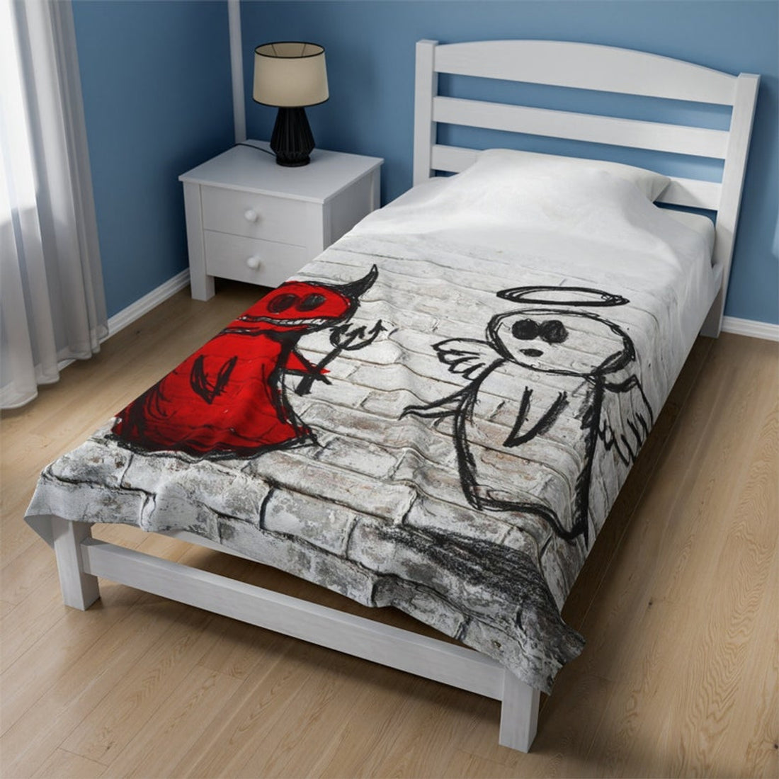 FUNSTUFFPRINT Velveteen Blanket, Good Vs Evil Blanket, Religious Blanket, Soft Velveteen Plush Throw, Unique Street Art Decor | Shop Now!