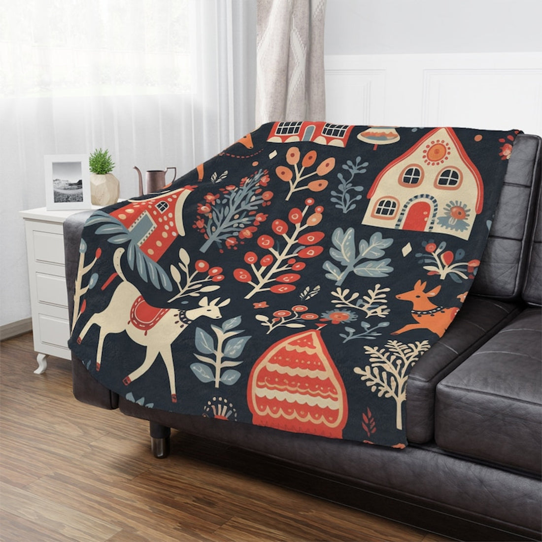 FUNSTUFFPRINT Nordic Folk Art Minky Blanket, Soft Fleece, Scandinavian Design, Winter Throw for Bed or Couch, Soft Winter Blanket, Scandi Home Decor