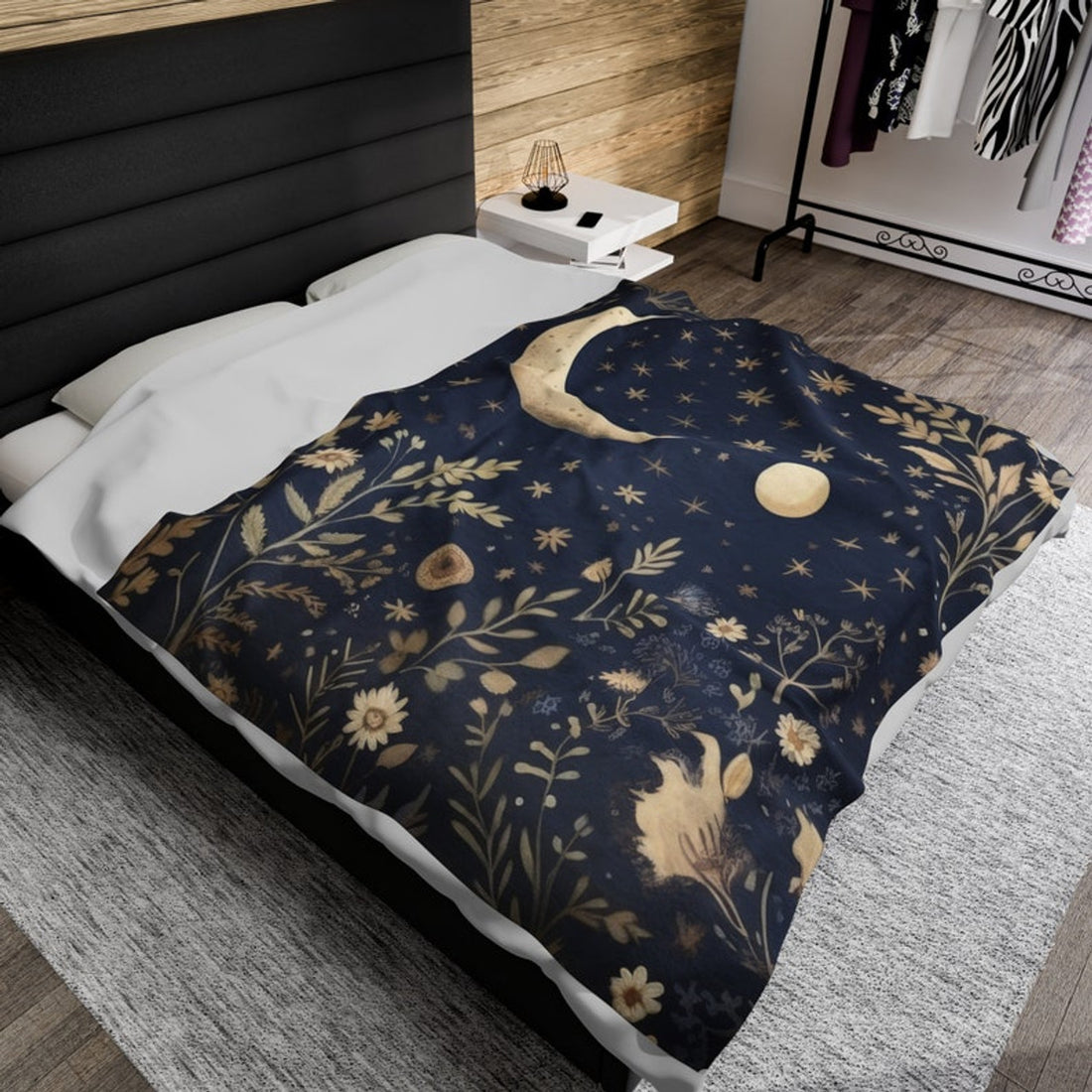 FUNSTUFFPRINT Cottagecore Celestial Moon Plush Fleece Blanket, Forest Botanical Throw Blanket, Cottagecore Aesthetic Decor, Floral Bedding