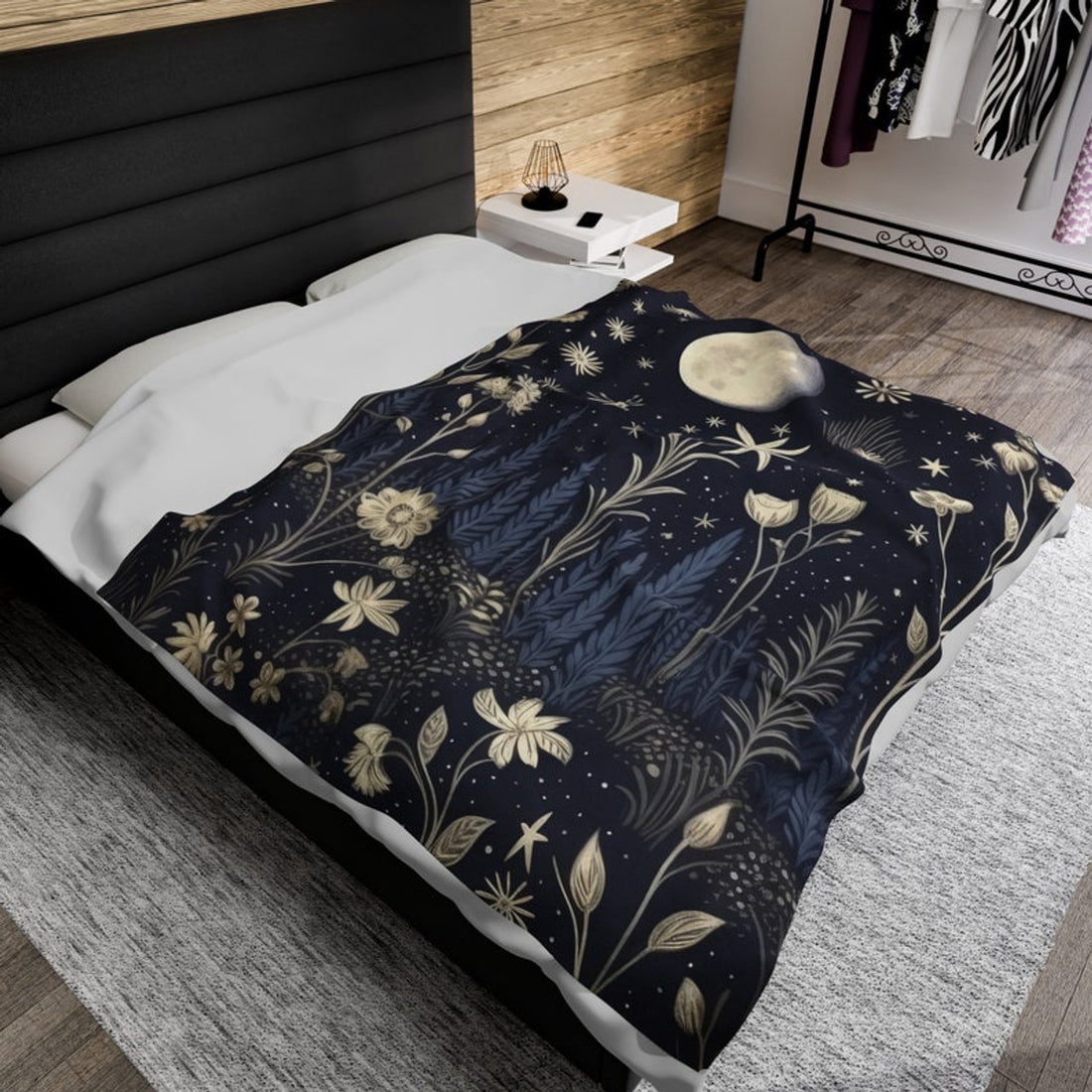 FUNSTUFFPRINT Cottagecore Celestial Moon Plush Fleece Blanket, Cozy Forest Botanical Throw Blanket, Floral Bedding