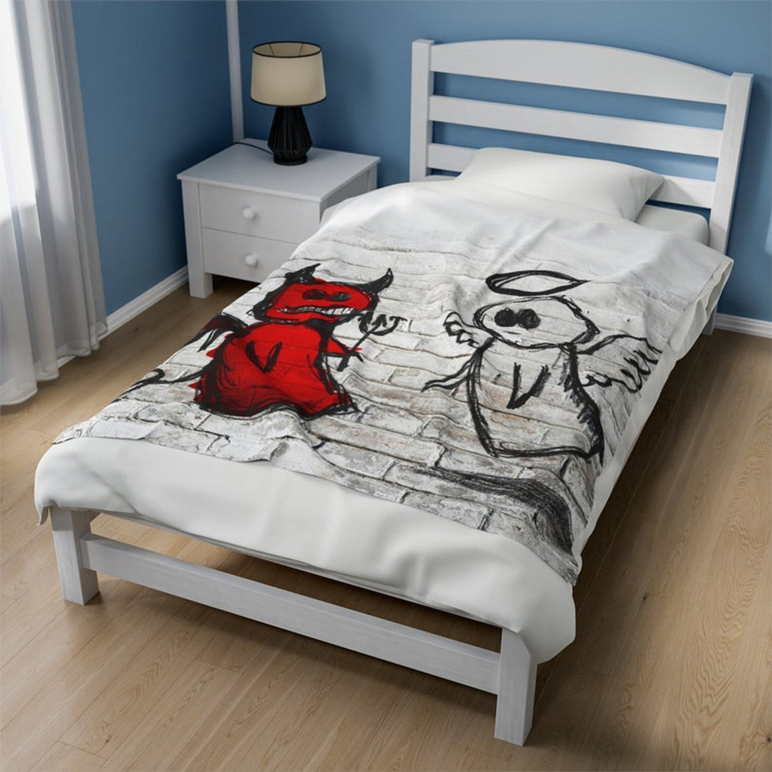 FUNSTUFFPRINT Velveteen Blanket, Good Vs Evil Blanket, Religious Blanket, Soft Velveteen Plush Throw, Unique Street Art Decor | Shop Now!