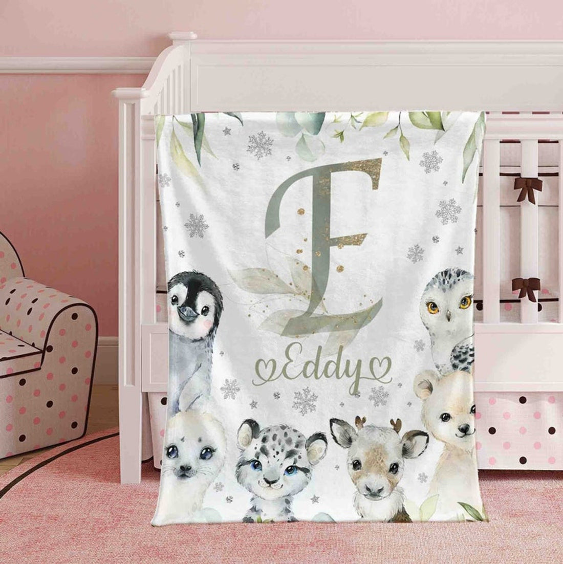 FUNSTUFFPRINT Custom  Arctic Animals Blanket, Winter Snow Animal Nursery Blanket, Custom Alphabet Blanket, Personalized Baby Shower Gift, Kids Custom Blanket