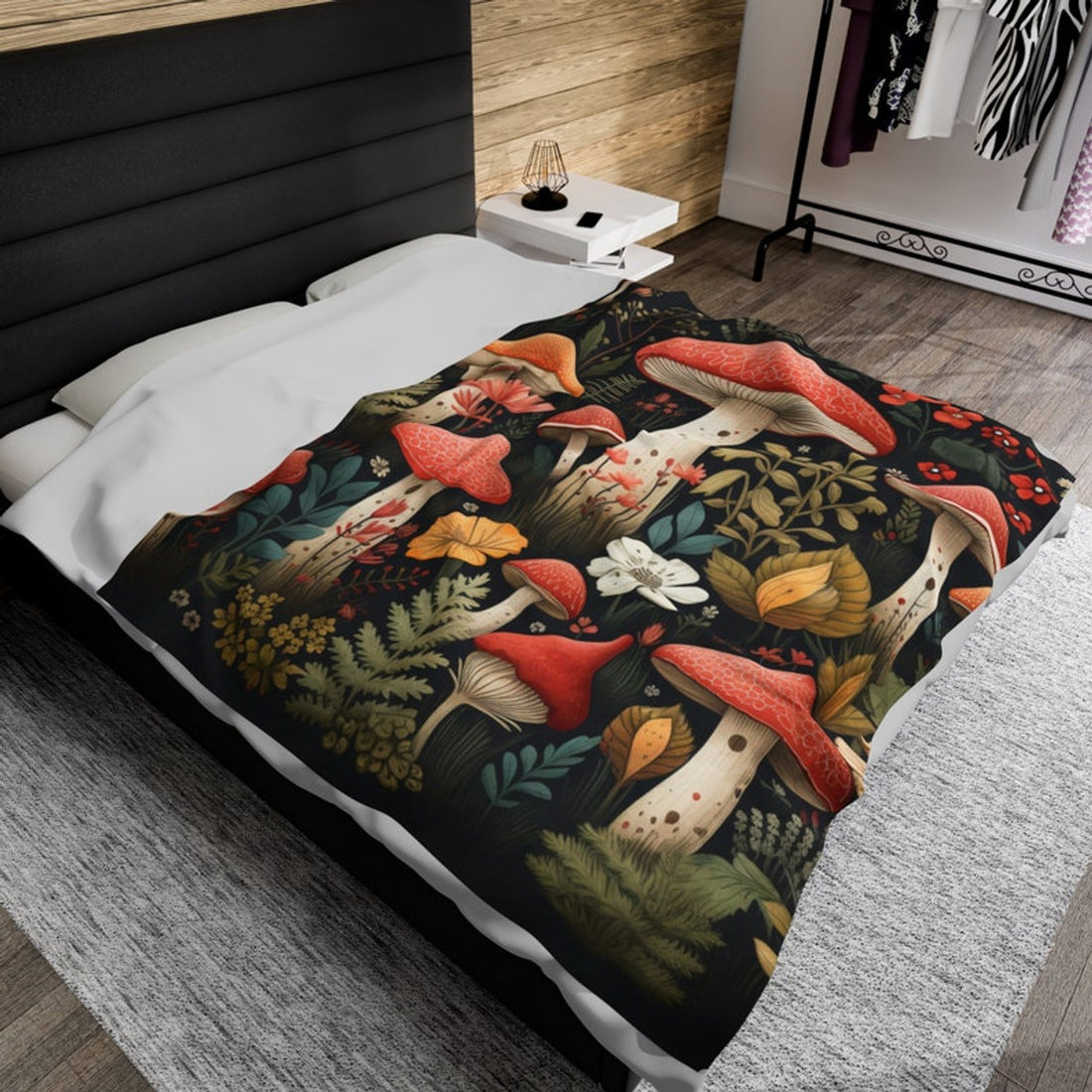 FUNSTUFFPRINT Cottagecore Mushroom Plush Fleece Blanket, Cozy Forest Botanical Throw Blanket, Cottagecore Aesthetic Decor, Mushroom Lover gift