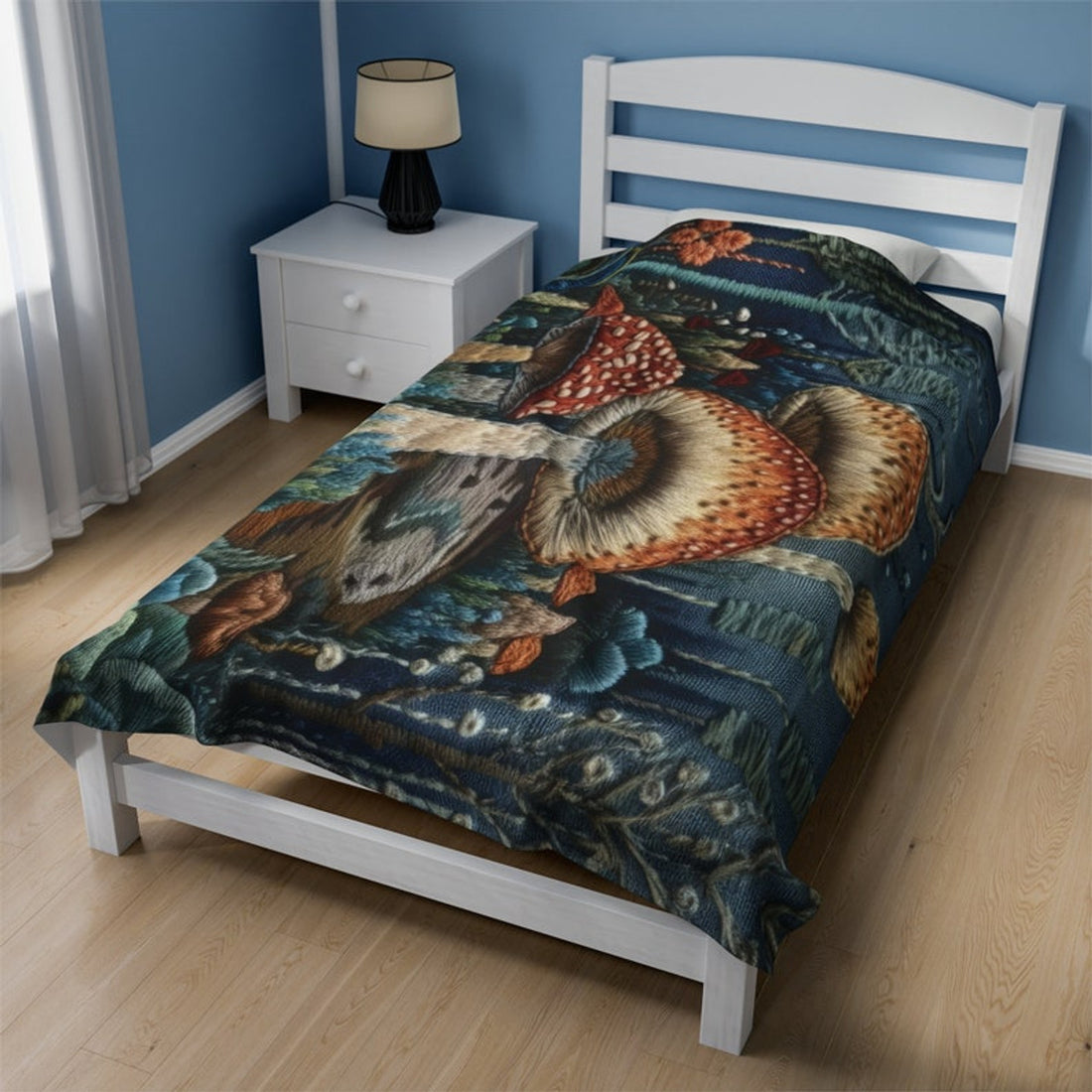 FUNSTUFFPRINT Cottagecore Embroidered Enchanted Forest Magic Mushroom Velveteen Plush Blanket,  Forestcore Blanket, Mushroom Gift