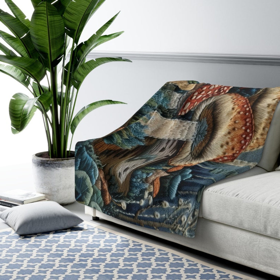 FUNSTUFFPRINT Cottagecore Embroidered Look Enchanted Forest Magic Mushroom Sherpa Fleece Blanket, Cottagecore Decor, Forestcore Blanket, Mushroom Gift