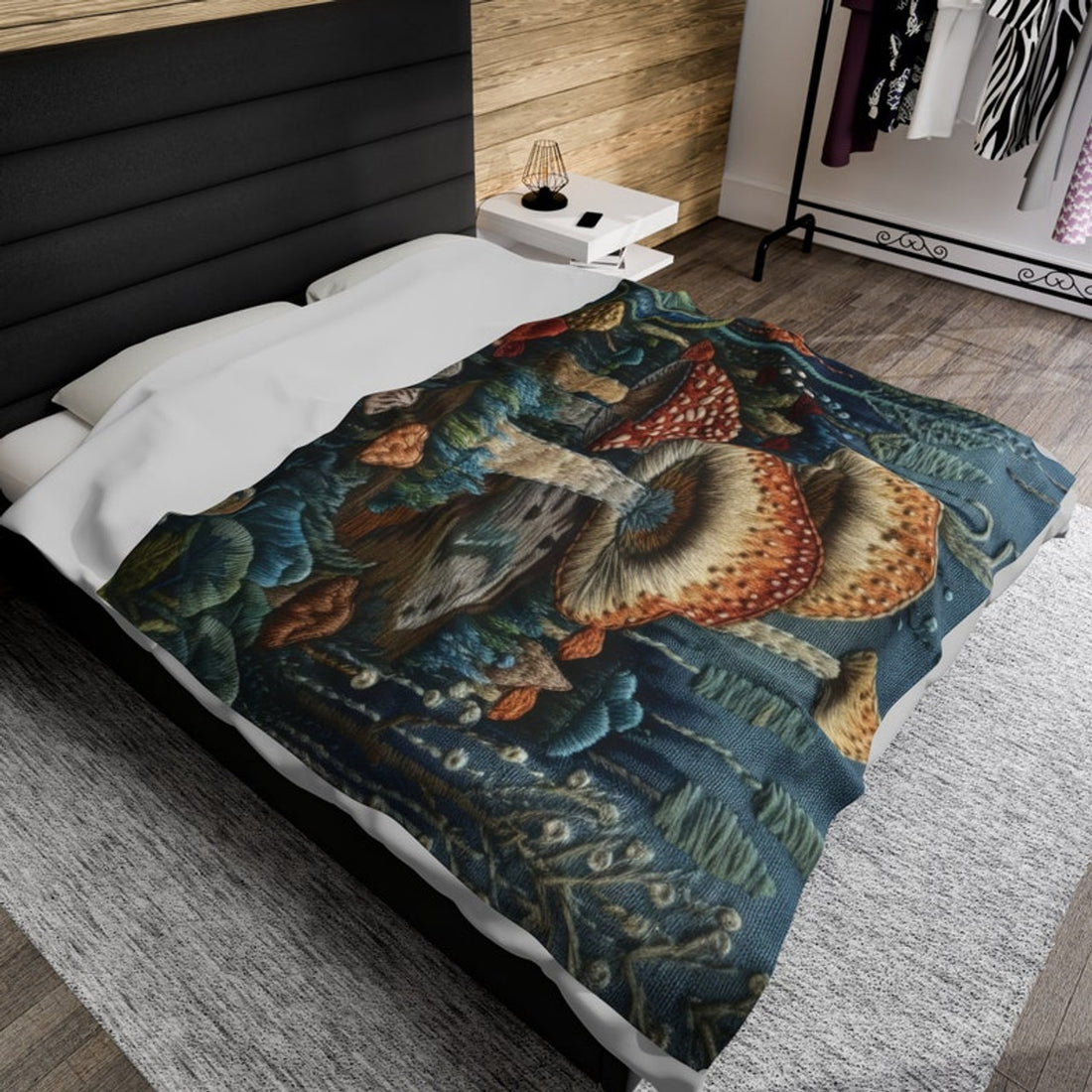 FUNSTUFFPRINT Cottagecore Embroidered Enchanted Forest Magic Mushroom Velveteen Plush Blanket,  Forestcore Blanket, Mushroom Gift
