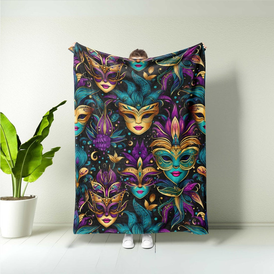 FUNSTUFFPRINT Mardi Gras Carnival Mask Blanket,Home Gift,Mardi Gras Lips,Fleur De Lis,Mardi Gras Gift For Women,Mardi Gras Parade Art,Masquerade Mask