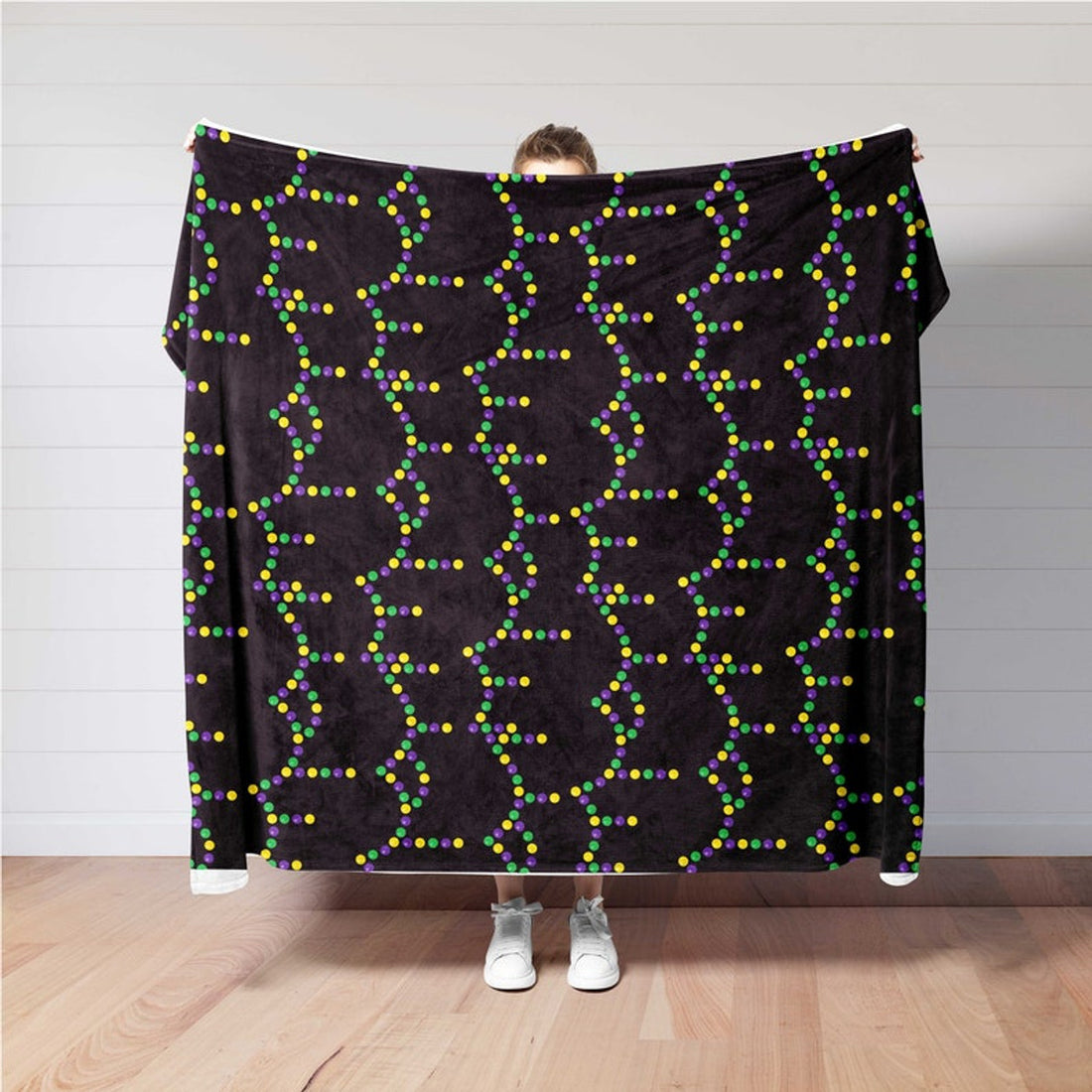 FUNSTUFFPRINT Mardi Gras Beads Party Blanket,Home Decor,Mardi Gras Festival Decorations Gift,Saints Nola New Orleans,Green Gold Purple,Fat Tuesday
