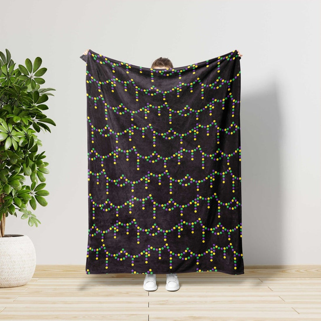 FUNSTUFFPRINT Mardi Gras Beads Party Blanket,Home Decor,Mardi Gras Festival Decorations Gift,Saints Nola New Orleans,Green Gold Purple,Fat Tuesday