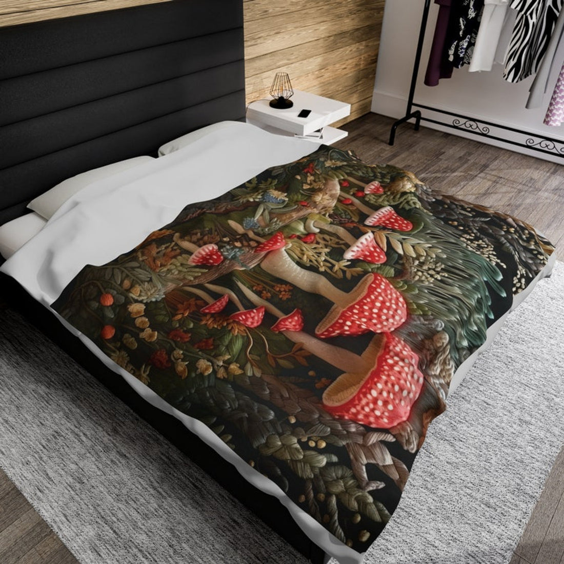 FUNSTUFFPRINT Cottagecore Embroidered Look Enchanted Forest Magic Mushroom Velveteen Plush Blanket, Cottagecore Decor, Forestcore Blanket, Mushroom Gift