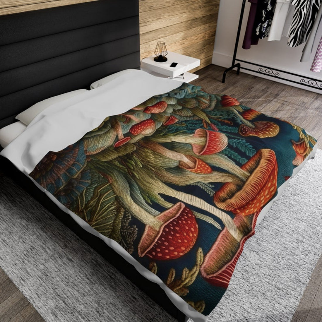 FUNSTUFFPRINT Cottagecore Embroidered Look Enchanted Forest Magic Mushroom Velveteen Plush Blanket,  Forestcore Blanket, Mushroom Gift