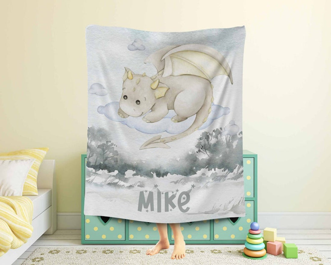 FUNSTUFFPRINT Custom  Little Dragon Nursery Blanket Personalized Baby Dragon Blanket Forest Animal Baby Blanket Kids Custom Name Blanket Dino Baby Shower Gift