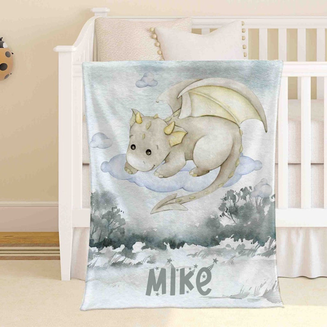 FUNSTUFFPRINT Custom  Little Dragon Nursery Blanket Personalized Baby Dragon Blanket Forest Animal Baby Blanket Kids Custom Name Blanket Dino Baby Shower Gift