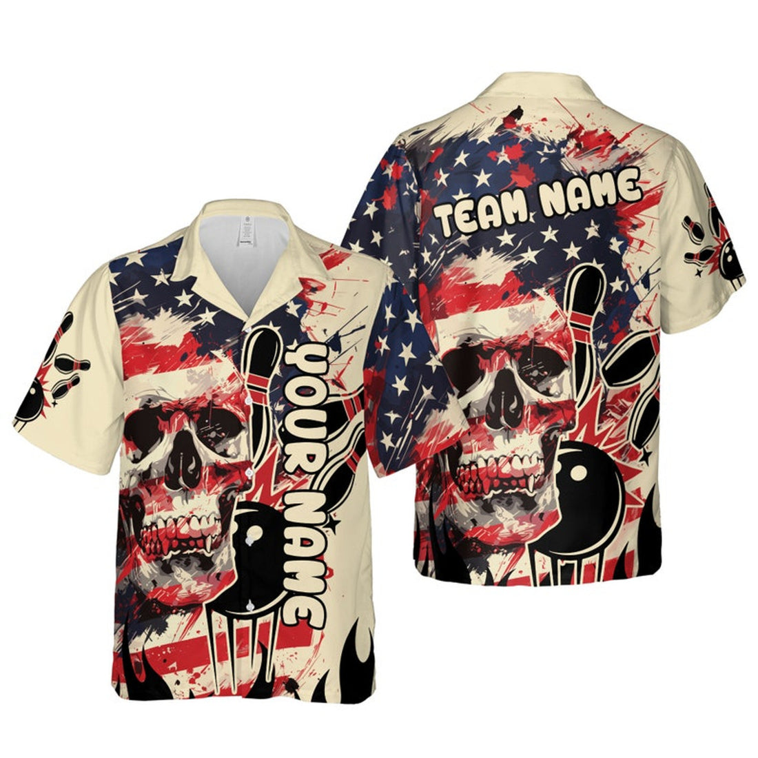 Custom Bowling And Pins Gothic Skull Customized Name, Team Name 3D Hawaiian Shirt