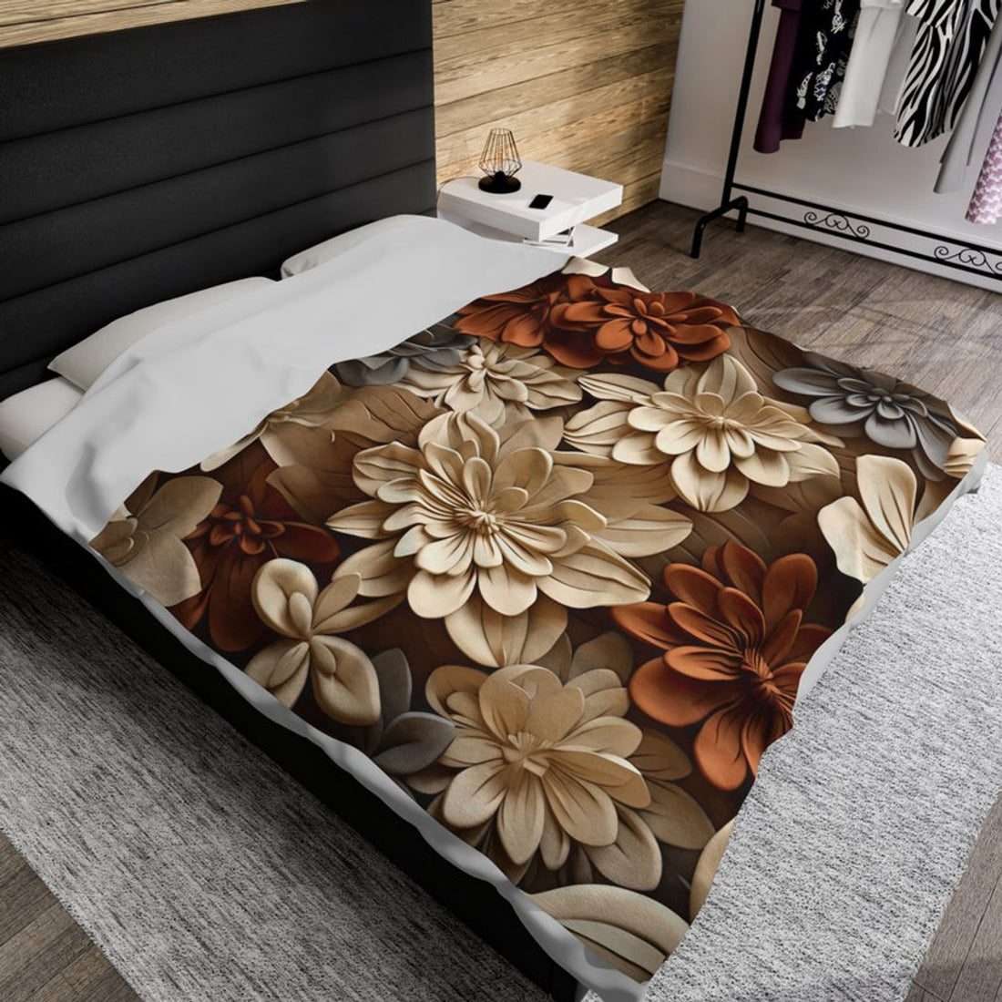 FUNSTUFFPRINT Boho Floral Plush Fleece Velveteen Blanket, Cozy Botanical Throw Blanket, 3D Cottagecore Flower Aesthetic Home Decor, Housewarming Gift