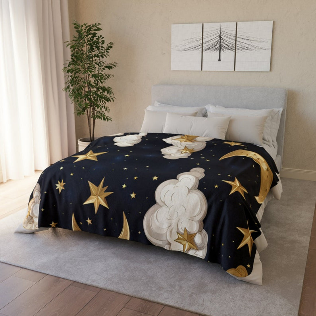 FUNSTUFFPRINT Celestial Moon & Stars Fleece Sherpa Throw Blanket, Moon Tapestry Aesthetic Blanket, Home Decor Gift, Housewarming Gift
