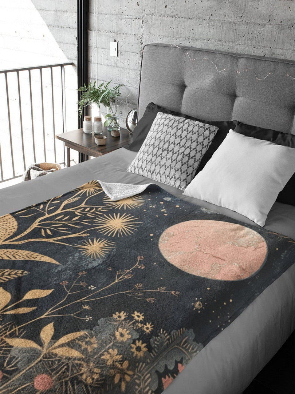 FUNSTUFFPRINT Boho Celestial Moon & Stars Fleece Sherpa Throw Blanket, Floral Blanket, Moon Tapestry Aesthetic Blanket, Home Decor Gift, Housewarming Gift