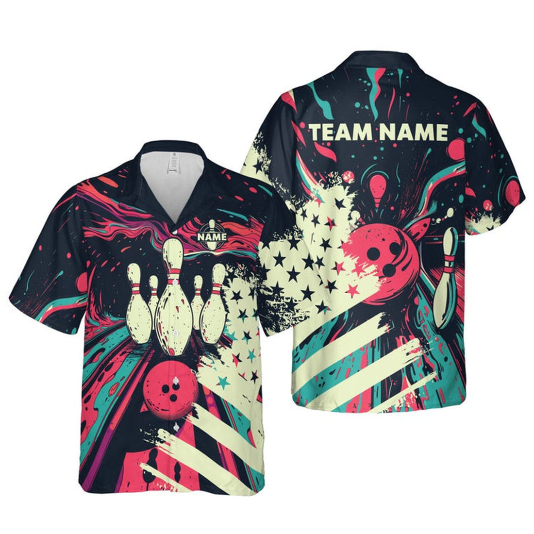 Custom Bowling And Pins Gothic Skull Customized Name, Team Name 3D Hawaiian Shirt
