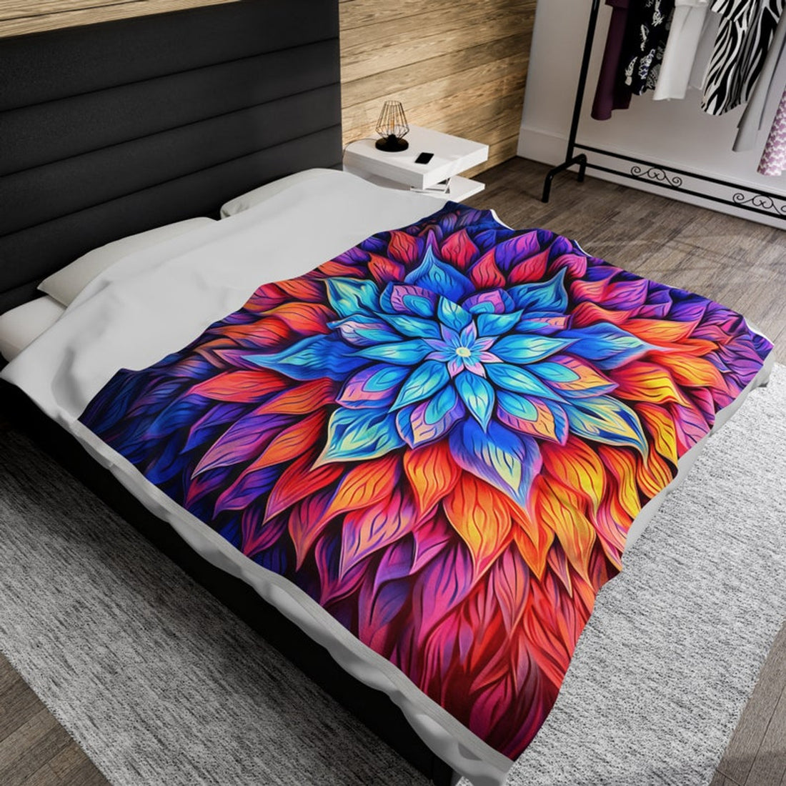 FUNSTUFFPRINT Psychedelic Lotus Flower Floral Plush Fleece Velveteen Blanket, Cozy Botanical Throw Blanket, Cottagecore Aesthetic Decor, Floral Bedding