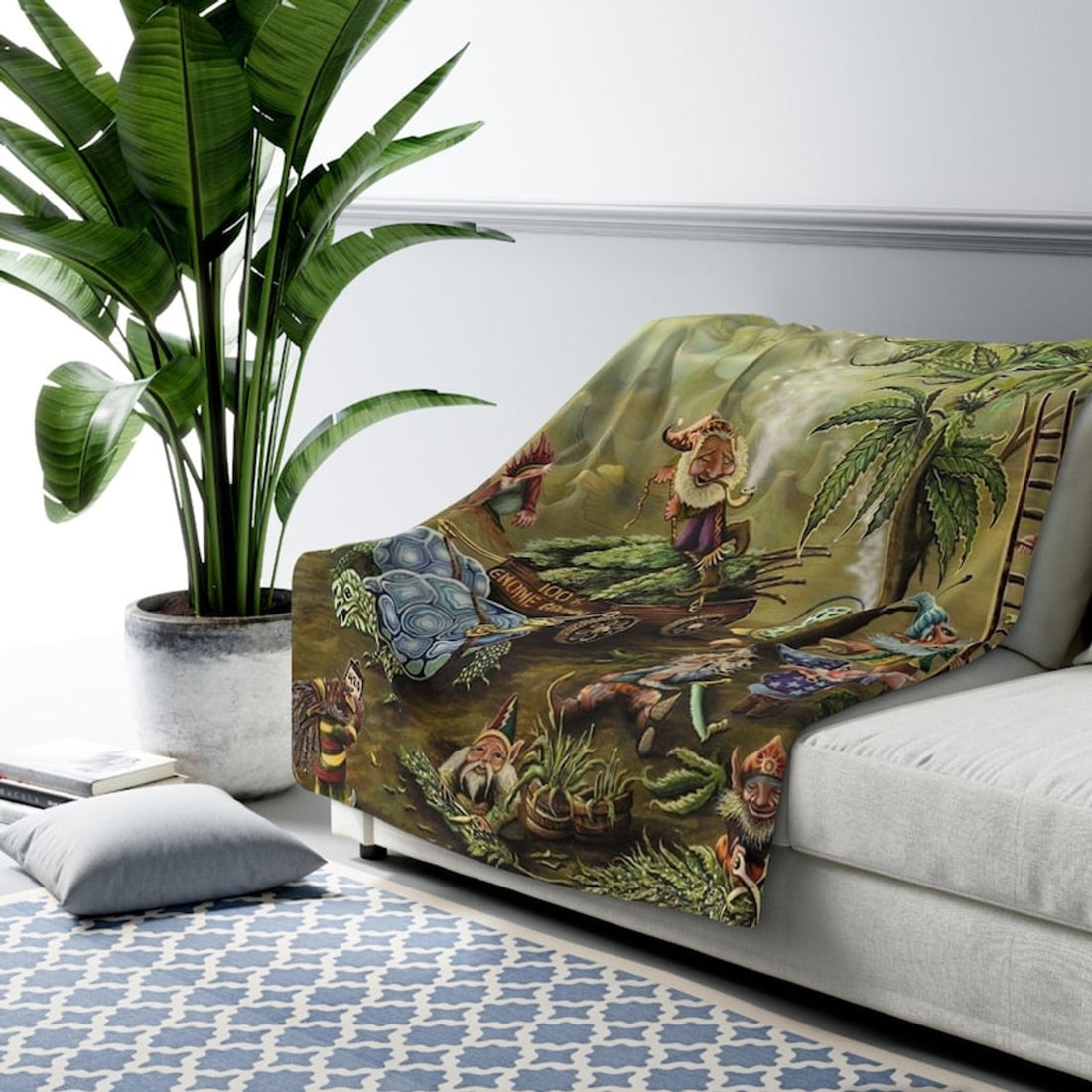 FUNSTUFFPRINT Cannabis Blanket, Gnome Village Design - Soft Cozy Sherpa Blanket - Warm Fleece Throw | Shop Now!