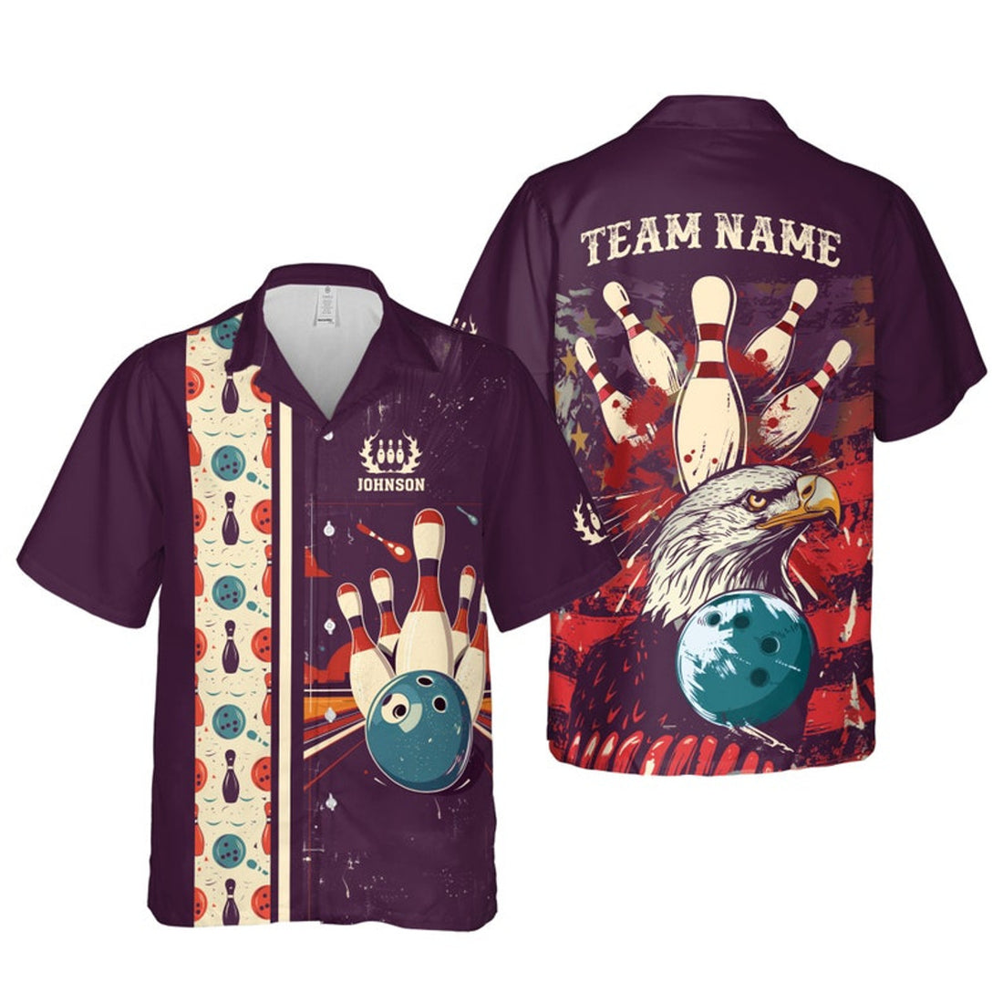Custom Bowling And Pins Retro Multi Color Pattern Customized Name, Team Name 3D Hawaiian Shirt