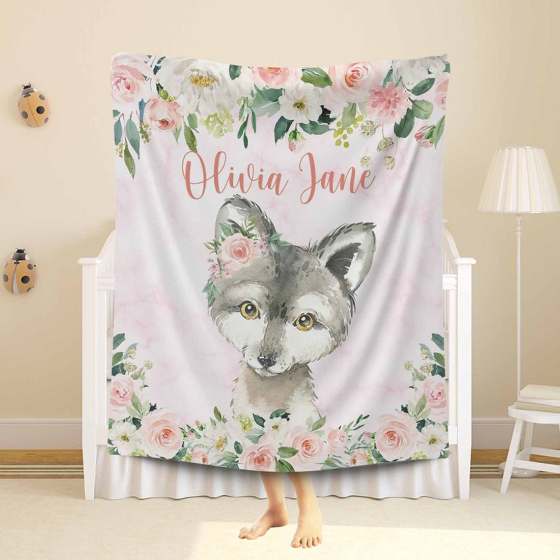 FUNSTUFFPRINT Custom  Baby Wolf Blanket Personalized Animals Nursery Blanket Rose Flowers Kids Custom Name Blanket Spring Floral Baby Shower Gift For Girls