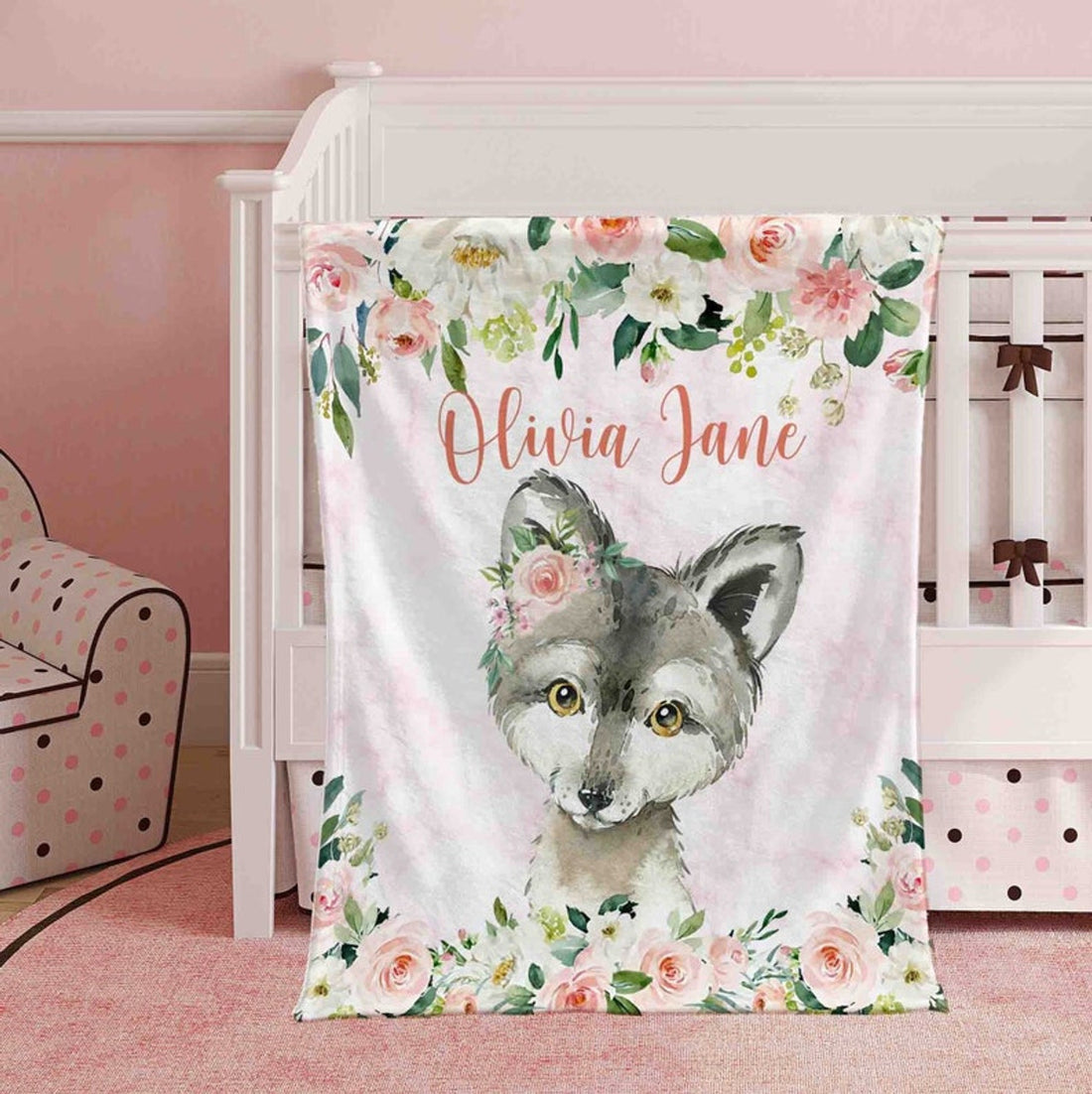 FUNSTUFFPRINT Custom  Baby Wolf Blanket Personalized Animals Nursery Blanket Rose Flowers Kids Custom Name Blanket Spring Floral Baby Shower Gift For Girls