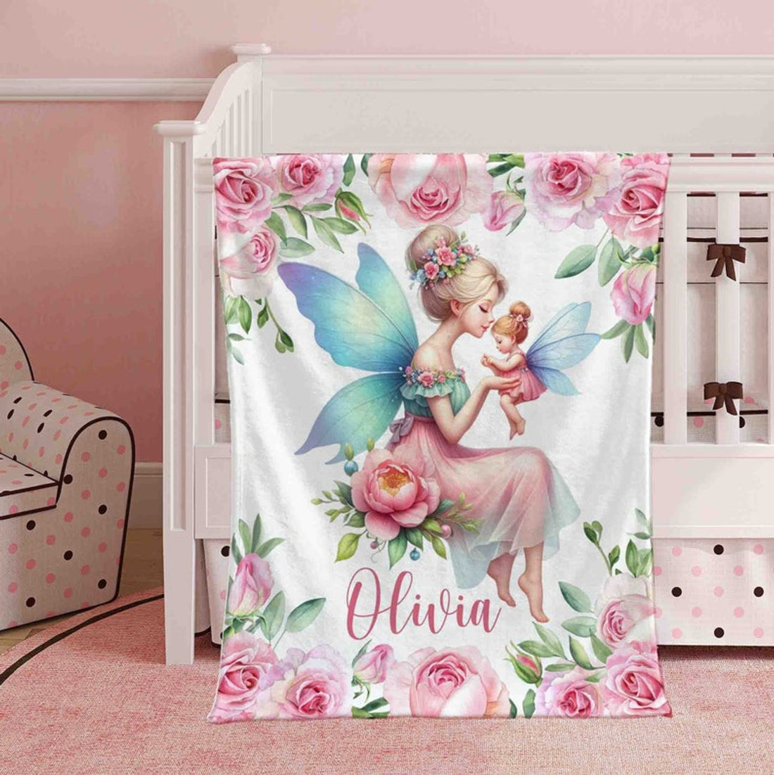 FUNSTUFFPRINT Custom  Mom And Baby Fairy Nursery Blanket Personalized Mother Daughter Blanket Flowers Girl Room Decor Kids Custom Name Blanket Baby Shower Gift