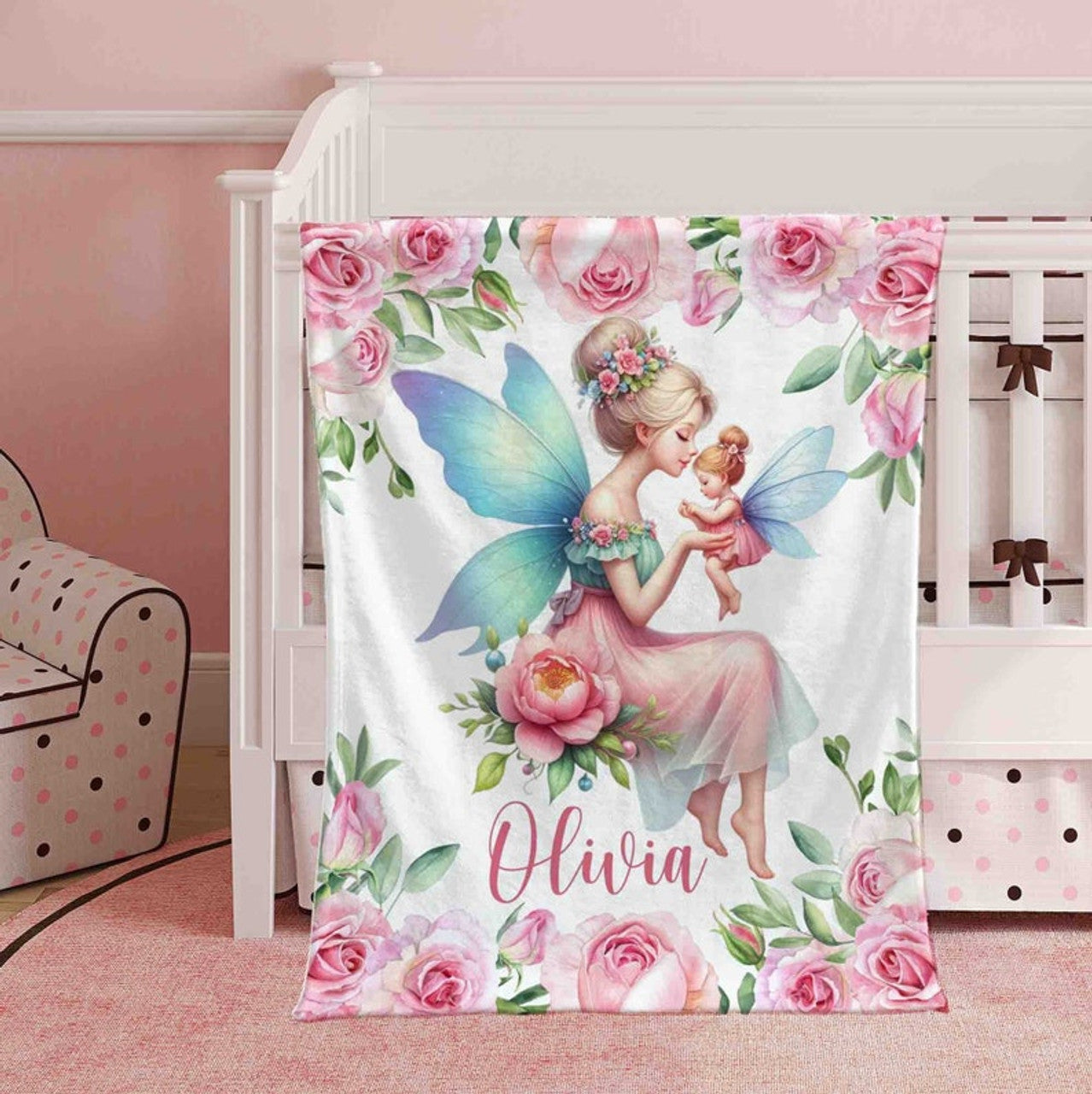 FUNSTUFFPRINT Custom  Mom And Baby Fairy Nursery Blanket Personalized Mother Daughter Blanket Flowers Girl Room Decor Kids Custom Name Blanket Baby Shower Gift