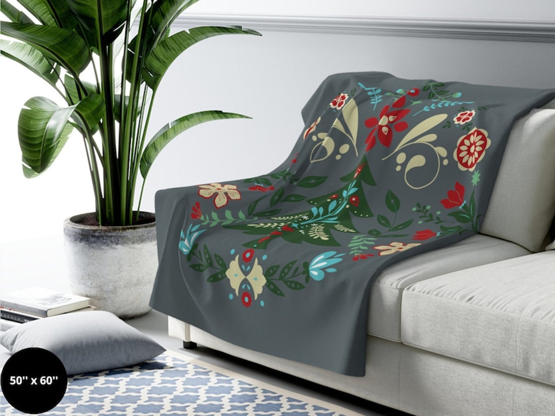 FUNSTUFFPRINT Scandinavian Folk Art Blanket| Norwegian Folk Art Throw Blanket |Norwegian Christmas Tree Blanket| Swedish Folk Art Gift |Nordic Home Decor