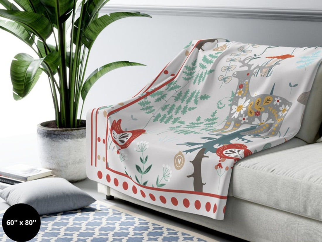 FUNSTUFFPRINT Scandinavian Christmas Blanket| Swedish Norwegian Folk Art Throw Blanket| Woodland Animals Blanket| Norwegian Christmas| Nordic Home Decor