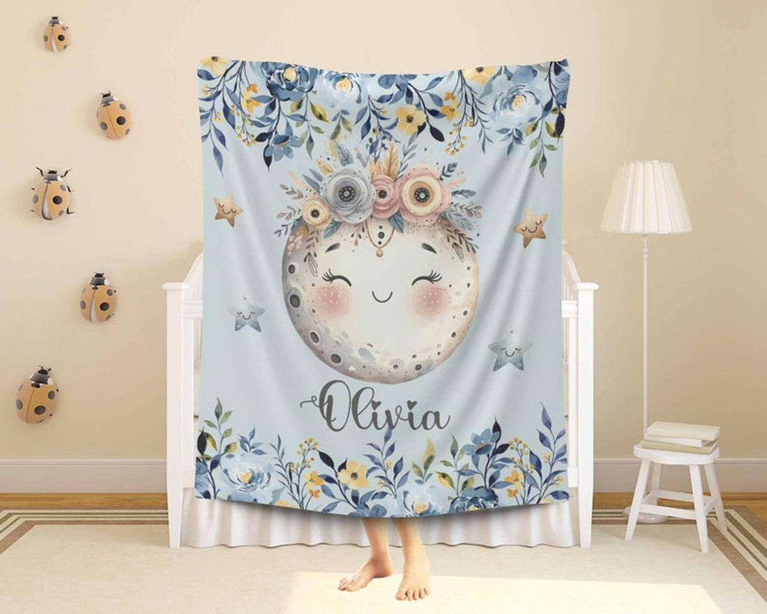 FUNSTUFFPRINT Custom  Floral Moon Blanket Personalized Christmas Nursery Blanket Little Star Kids Custom Name Blanket Spring Floral Baby Shower Gift For Girls