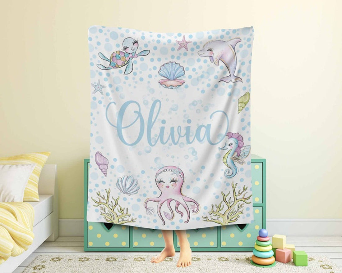 FUNSTUFFPRINT Custom  Sea Animals Blanket Personalized Ocean Nursery Blanket Octopus Kids Custom Name Blanket Under the Sea Baby Shower Gift For Girls
