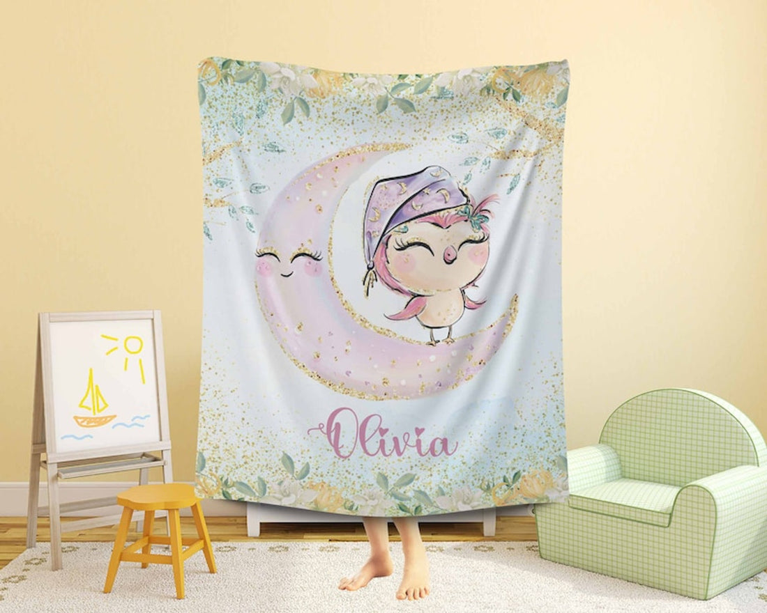 FUNSTUFFPRINT Custom  Little Owl Blanket Personalized Moon Nursery Blanket Animals Kids Custom Name Blanket Spring Floral Baby Shower Gift For Girls Throw
